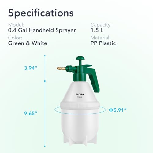 Flora Handheld Garden Pump Sprayer, 0.4 Gallon (50 oz/1.5L) Pressure Water Bottle with Adjustable Brass Nozzle, for Plants, Lawn, and Cleaning (Green) or (Red)