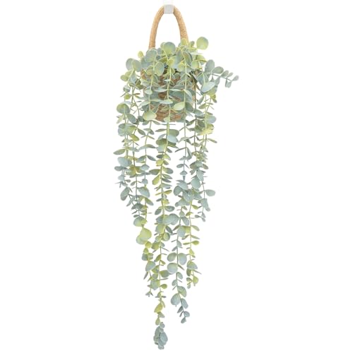 Fake Hanging Plant Decor Indoor, Eucalyptus Artificial Faux Plants in Wall Woven Planters, Jute Hanger with Black Pot Soft Green 1PCS 23Inch Long - size: Jute Hanger-1PCS