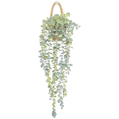 Fake Hanging Plant Decor Indoor, Eucalyptus Artificial Faux Plants in Wall Woven Planters, Jute Hanger with Black Pot Soft Green 1PCS 23Inch Long - size: Jute Hanger-1PCS