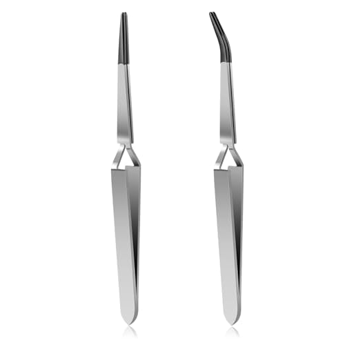 Reverse Tweezers for Crafting, 2 Piece Rubber Tipped Tweezers Stainless Steel Cross Locking Tweezer Precision Straight Flat Tip Long Bent Tweezer Pvc Coated for Crafts Stamps Beads Jewelry Electronics