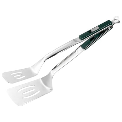 M METERXITY Spatula Tongs, 13.4 Inch 304 Stainless Steel Anti-Scald Extended Serrated Multifunctional Flipper Grill Clamp for Cooking/Barbecue, Kitchen Cooking Tong [Green Handle, Silver Tone] - color: Green Handle, Silver Tone