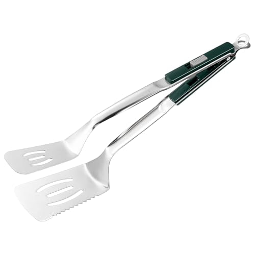 M METERXITY Spatula Tongs, 13.4 Inch 304 Stainless Steel Anti-Scald Extended Serrated Multifunctional Flipper Grill Clamp for Cooking/Barbecue, Kitchen Cooking Tong [Green Handle, Silver Tone] - color: Green Handle, Silver Tone