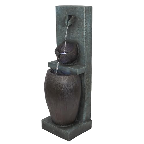 Alpine Corporation TZL388 32" 3 Tier Jar Fountain with LED Lights, Elegant Outdoor Water Feature for Garden, Patio, Backyard, Home Décor, Ceramic Water Fountain & Landscape Decorations, Gray - style: 32"H - Gray 3-Tier Jar Fountain w/ LEDs