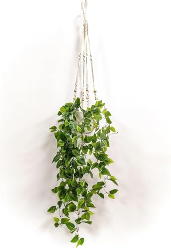 Comtelek 2 Packs Fake Hanging Plant with Pots for Home Decor Artificial Hanging Basket Plants Macrame Plant Hanger with Faux Vines Greenery for Bedroom Bathroom Room Wall Boho Decor Indoor Outdoor - size: 2 PACK - Fake Plants NO LED
