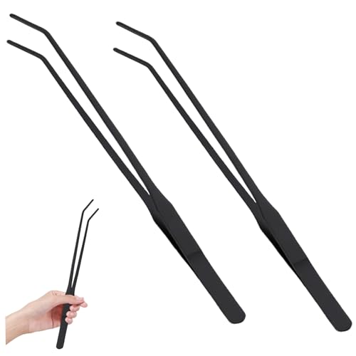2Pcs Feeding Tongs, 11 Inch Extra Long Stainless Steel Aquarium Tongs with Curved Tip, Long Tweezers Terrarium Feeder Tool for Reptile Tank Accessories, Tweezers