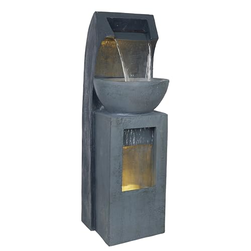 Alpine Corporation 41" Tall Outdoor Basin Waterfall Floor Fountain with LED Lights for Garden, Patio, Lawn and Backyard Decor, Gray - style: 41"H - Basin Fountain w/ LEDs