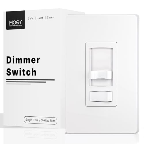MOES Dimmer Light Switch, 3 Way & Single Pole Dimmable for LED, CFL, Incandescent, Halogen, 600Watt Max, ON/Off with Dimming Slide for Bedroom Hallway, No Neutral Wire Required - color: White, size: 1 Pack