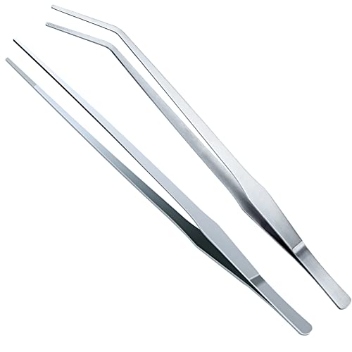 OIIKI 2PCS Stainless Steel Tongs Tweezers, Polished Extra-Long 15 inch Staright Tongs Tweezer, 15 inch Curved Aquarium Tweezer with Precision Serrated Tips for Garden, Kitchen, Indoor & Outdoor - size: 15 inch Straight & Curved (2 PCS)
