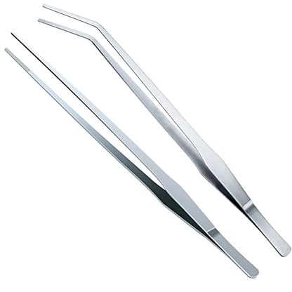 OIIKI 2PCS Stainless Steel Tongs Tweezers, Polished Extra-Long 15 inch Staright Tongs Tweezer, 15 inch Curved Aquarium Tweezer with Precision Serrated Tips for Garden, Kitchen, Indoor & Outdoor - size: 15 inch Straight & Curved (2 PCS)