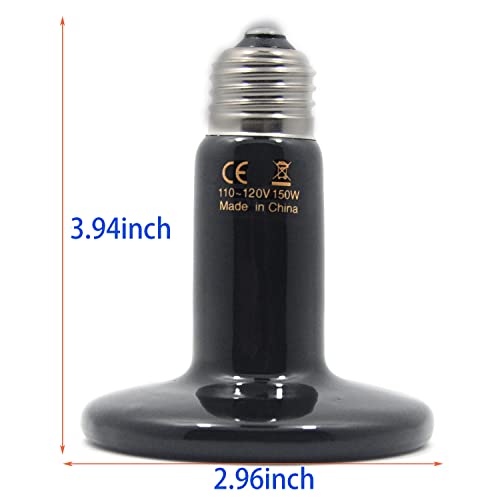 150W 2-Pack Ceramic Heat Lamp Bulb Infrared Reptile for Pet Coop Lizard Snake Turtle Aquarium No Light No Harm Emitted