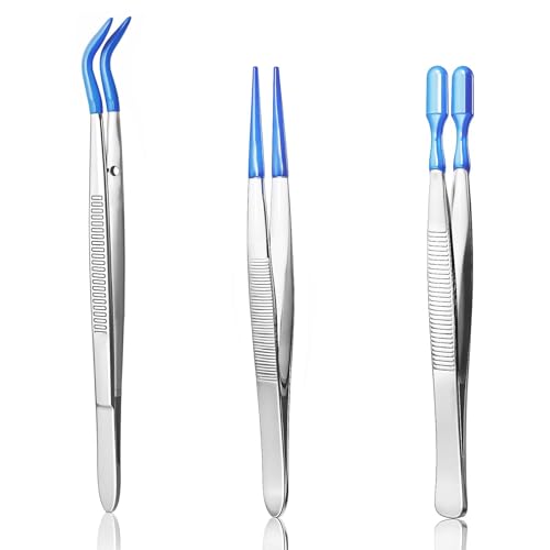 3 PCS Tweezers with Rubber Tips PVC Coated Set Precision Rubber Straight Flat Tip Long Bent Tweezers for Crafts Stamps Beads Jewelry, Blue