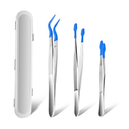 3PCS Tip Tweezers, Silicone Rubber Flat Tipped Tweezers Bent Tip for Jewelry Coin Stamp (Blue) - color: Blue