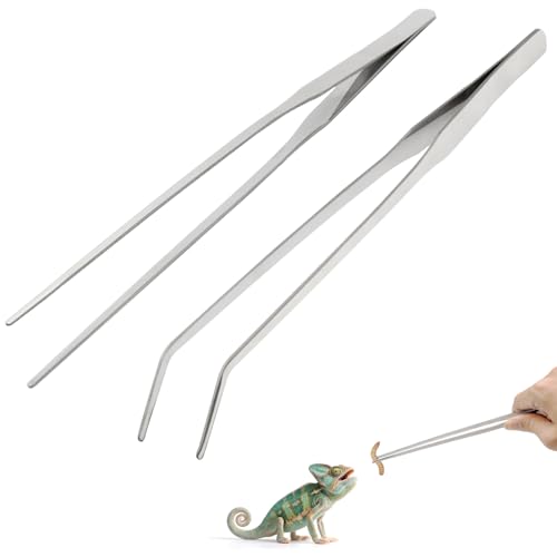 Syn-zer 2PCS Stainless Steel Reptile Feeding Tongs, 10.6 inch Straight and Curved Tweezers for Aquarium, Terrarium & Crafts Bearded Dragon Snake Tank Accessories, Planted Tank Tools Feeder for Lizards - color: Silver