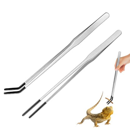 2PCS Stainless Steel Feeding Tongs, Long Handle Straight & Curved Tweezers with Soft Silicone Tips for Reptile Gecko Aquarium Plant Terrarium - color: Silver And Black Vinyl Tip