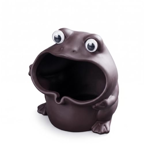 Premium Zisha Frog Aquarium Cave - Artisanal Purple Clay Fish Tank Decorations, Fin-Safe Betta Log Hideout & Reptile Terrarium Ornament - color: Matte Dark Cocoa