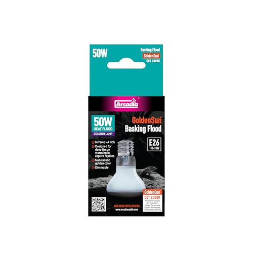 Arcadia Golden Sun Basking Flood Lamp 50W – Wide Beam Infrared Reptile Heat Lamp Bulb for Bearded Dragons, Tortoises, Iguanas and Turtle Tanks, Long Lasting Easy to Use Indoor Heat Bulb for Reptiles