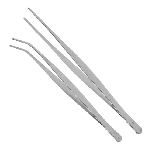 ARTIBETTER Stainless Steel Tweezers 2 Pcs Straight and Curved Nippers 25cm Long Angled Feeding Tongs for Reptile