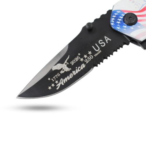 Snake Eye Tactical 7.75" Rescue Folding Pocket Knife – Black Steel Blade, Patriotic 3D Eagle ABS Handle 250th Anniversary Edition - color: White