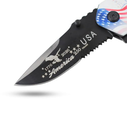 Snake Eye Tactical 7.75" Rescue Folding Pocket Knife – Black Steel Blade, Patriotic 3D Eagle ABS Handle 250th Anniversary Edition - color: White