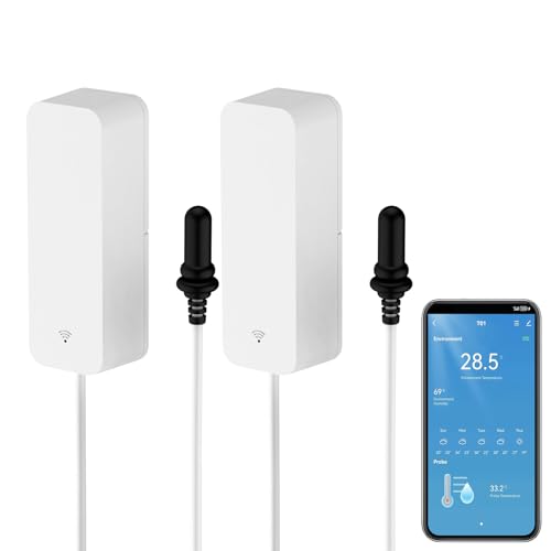 Smart Thermometer Hygrometer with Probe, WiFi Aquarium Temperature Humidity Gauge with App Remote Monitor, Indoor Refrigerator Thermometer Sensor, Data Storage&Export, Compatible with Alexa. 2PCS - style: 2PCS