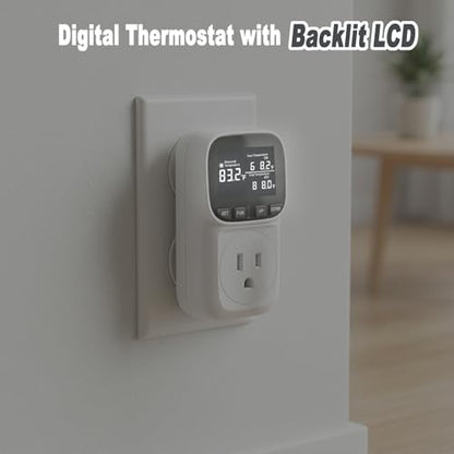 Digital Thermostat Outlet , 15A 1800W Digital Temperature Controller Plug in Heating Cooling Control Timer -40℉-210℉,for Greenhouse, Incubation, Homebrewing（Black LCD）