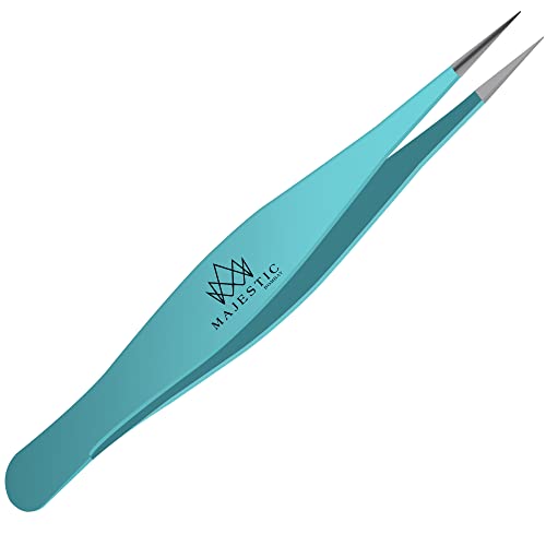 Majestic Bombay Fine Point Tweezers for Women and Men – Splinter Ticks, Facial, Brow and Ingrown Hair Removal–Sharp, Needle Nose, Surgical Tweezers Precision Pluckers best tweezers for chin hair - color: Teal Blue