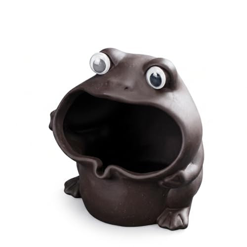 Premium Zisha Frog Aquarium Cave - Artisanal Purple Clay Fish Tank Decorations, Fin-Safe Betta Log Hideout & Reptile Terrarium Ornament - color: Matte Dark Cocoa