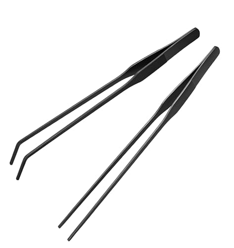 2-Pack Aquarium Tweezers, Stainless Steel Straight and Curved Tweezers Set, Long Handle Reptile Feeding Tongs for Aquatic Plants Lizards Spider Snakes Garden Repairing - 10-3/5inch, Black