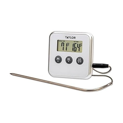 Taylor Programmable Instant Read Wired Probe Digital Meat Food Grill BBQ Cooking Kitchen Thermometer with Alarm, White