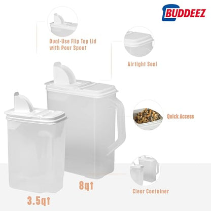 Buddeez Pet Food Storage Containers - 2 Count Bird Seed Dispenser with Pour Tight Lids and Easy Pour Spouts, 8 Qt and 3.5 Qt, Bird Seed Storage for Small and Large Feed, BPA Free