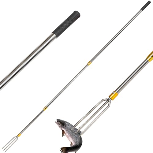 Cyfie Telescopic Multi-Size Fishing Gaff Hook for Flounder Gig, Stainless Steel Fishing Hunting Harpoon Pole with Spear Hook Barbed, Heavy Duty Frog Flounder Gig for Ice Fishing Saltwater Sea - color: 9 ft long with 3-prong spear hook