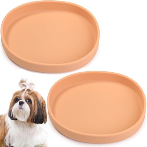 Silicone Dog Food Plate Shallow Dog Bowl Flat Cat Dish Small Puppy Plates for Small Dogs and Cats Whisker Fatigue Pet Feeding Bowls for Dry and Wet Food (Light Brown) - color: 2 Pcs - (Orange-Pink)