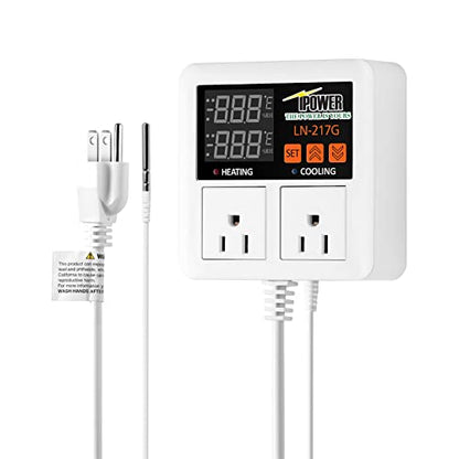 iPower Professional Digital Heating and Cooling Thermostat Controller for Seed Germination, Reptiles and Brewing Breeding Fermenter Greenhouse, Grow Tent, 1200W-White - size: 1200W-White, style: 1 Pack