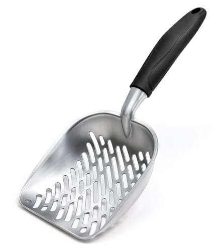 Cat Litter Scoop, Kitty Metal Scooper, Heavy Duty Aluminum Deep Sifter with Long Handle, Rustproof Durable Kitten Poop Shovel for Travel & Small Litter Box - color: Black, size: Medium