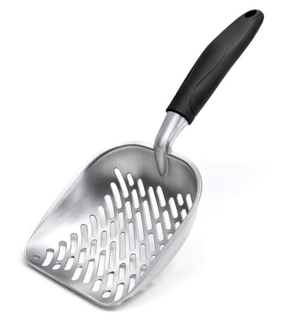 Cat Litter Scoop, Kitty Metal Scooper, Heavy Duty Aluminum Deep Sifter with Long Handle, Rustproof Durable Kitten Poop Shovel for Travel & Small Litter Box - color: Black, size: Medium