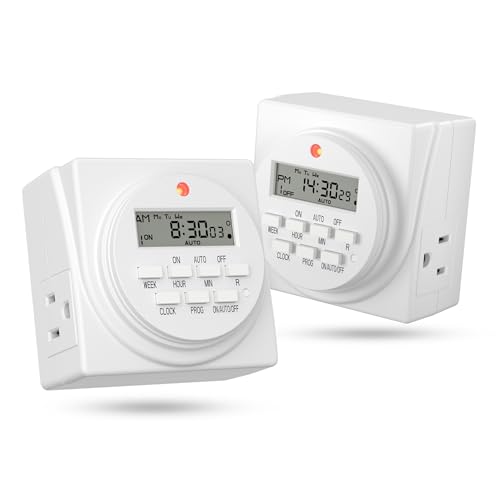 BN-LINK Indoor Digital Timer Outlet, Dual Outlet 7 Day Programmable Light Switch, 3 Prong Plug in Timers for Electrical Outlets, Lamps, Fans, 8 On/Off Programs, 2 Pack, 15A/1875W, ETL Listed - style: 3-Prong,2-Pack
