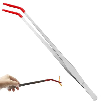 Feeding Tongs, 15 Inch Extra Long Stainless Steel Aquarium Tongs with Rubber Tip, Curved Long Tweezers Terrarium Feeder Tool for Reptile Tank Accessories
