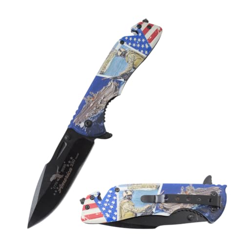 Snake Eye Tactical Folding Pocket Knife - God Bless America 250th Anniversary Patriotic Design - Metal Handle with Pocket Clip (Troop With USA Flag) - color: Troop With USA Flag