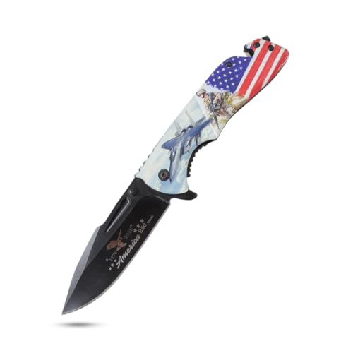 Snake Eye Tactical 8.5" Folding Rescue Pocket Knife –Black Stainless Steel Blade, 3D Printed Aluminum Flag Handle with Seatbelt Cutter, Glass Breaker, 250th Anniversary Edition - color: USA Flag With AR