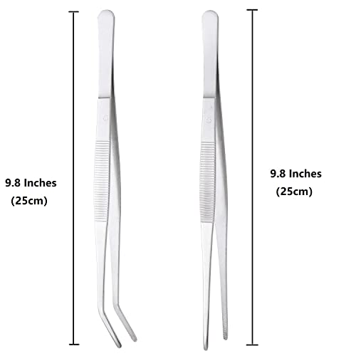 Miupoo Long Handle Stainless Steel Paint Straight and Curved Tweezers Nippers,Extra Long Precision Craft Tweezers Set with Serrated Tips,Silver,2 pieces,9.8Inches