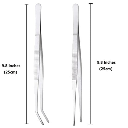 Miupoo Long Handle Stainless Steel Paint Straight and Curved Tweezers Nippers,Extra Long Precision Craft Tweezers Set with Serrated Tips,Silver,2 pieces,9.8Inches