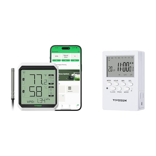 VIVOSUN AeroLab THB1S Wireless Bluetooth Hygrometer Thermometer Indoor and 7 Day Programmable Digital Timer with Dual Outlet, 20 On/Off UL Listed Heavy Duty Plug-in Outlet Timer with Countdown Setting