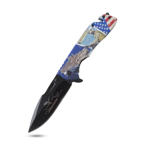 Snake Eye Tactical Folding Pocket Knife - God Bless America 250th Anniversary Patriotic Design - Metal Handle with Pocket Clip (Troop With USA Flag) - color: Troop With USA Flag