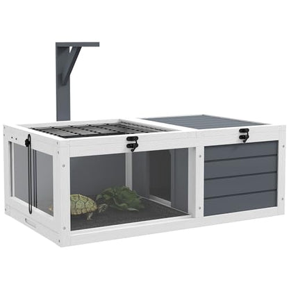 Tortoise Habitat, Wooden Tortoise House, Indoor Outdoor Tortoise Enclosure with Lamp Holder, Pull-out Waterproof Trays, Openable Lids, Gray