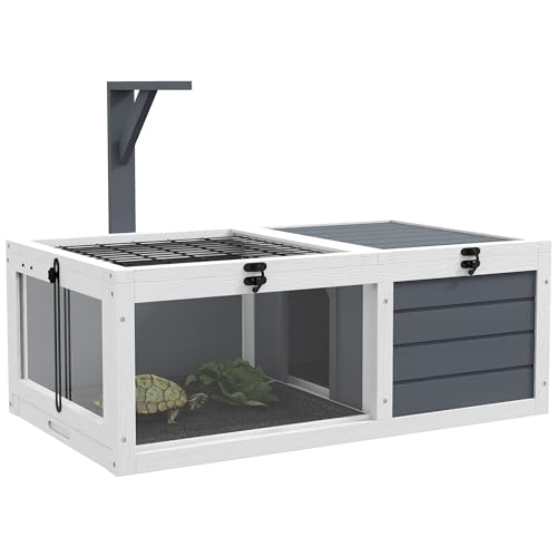 Tortoise Habitat, Wooden Tortoise House, Indoor Outdoor Tortoise Enclosure with Lamp Holder, Pull-out Waterproof Trays, Openable Lids, Gray