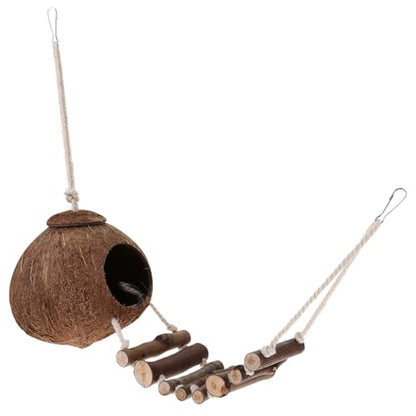 IMIKEYA Reptile Hide Coconut Cave, Natural Hanging Shell Hut with Rope Ladder for Crested and Leopard Gecko, Lizard Tank Hideout Decor for Small Reptiles and Hermit Crabs