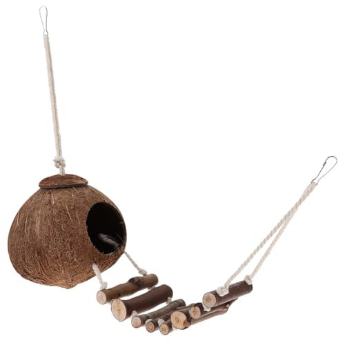IMIKEYA Reptile Hide Coconut Cave, Natural Hanging Shell Hut with Rope Ladder for Crested and Leopard Gecko, Lizard Tank Hideout Decor for Small Reptiles and Hermit Crabs