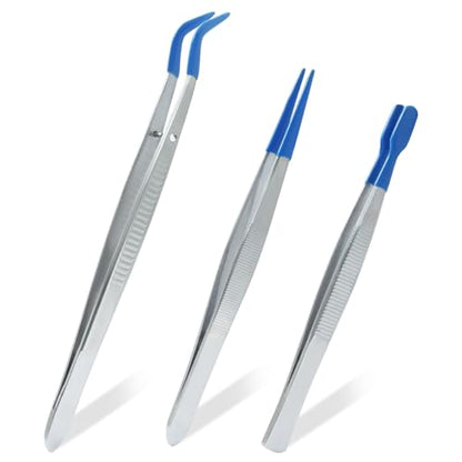 3 Pack Curved Tweezers, Silicone Rubber Bent Tip PVC Coated Soft Tip Tweezers, Non Marring Stainless Steel Tools for Jewelry Crafts/Electronics