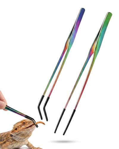 Rainbow Stainless Steel Rubber Tip Tongs for Reptile Feeding and Handling Long Handle Straight and Curved Tweezers for Bearded Dragon Small Exotic Pets