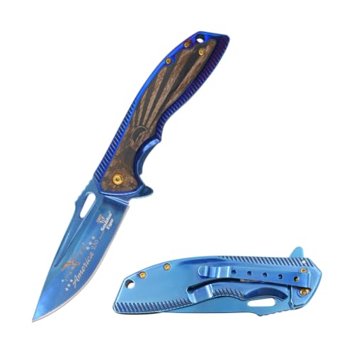 Snake Eye Tactical 8.25" Heavy Duty Folding Pocket Knife – Metallic Blue 3CR13 Steel Blade, Blue Metal & Laser Etched Eagle Wood Handle with Pocket Clip, 250th Anniversary Edition - color: Blue Eagle